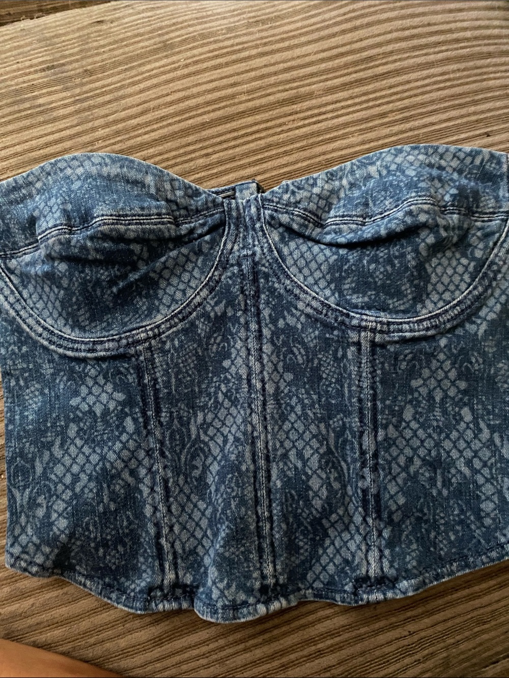 Denim Snake-Print Strapless Bustier Top - Blue